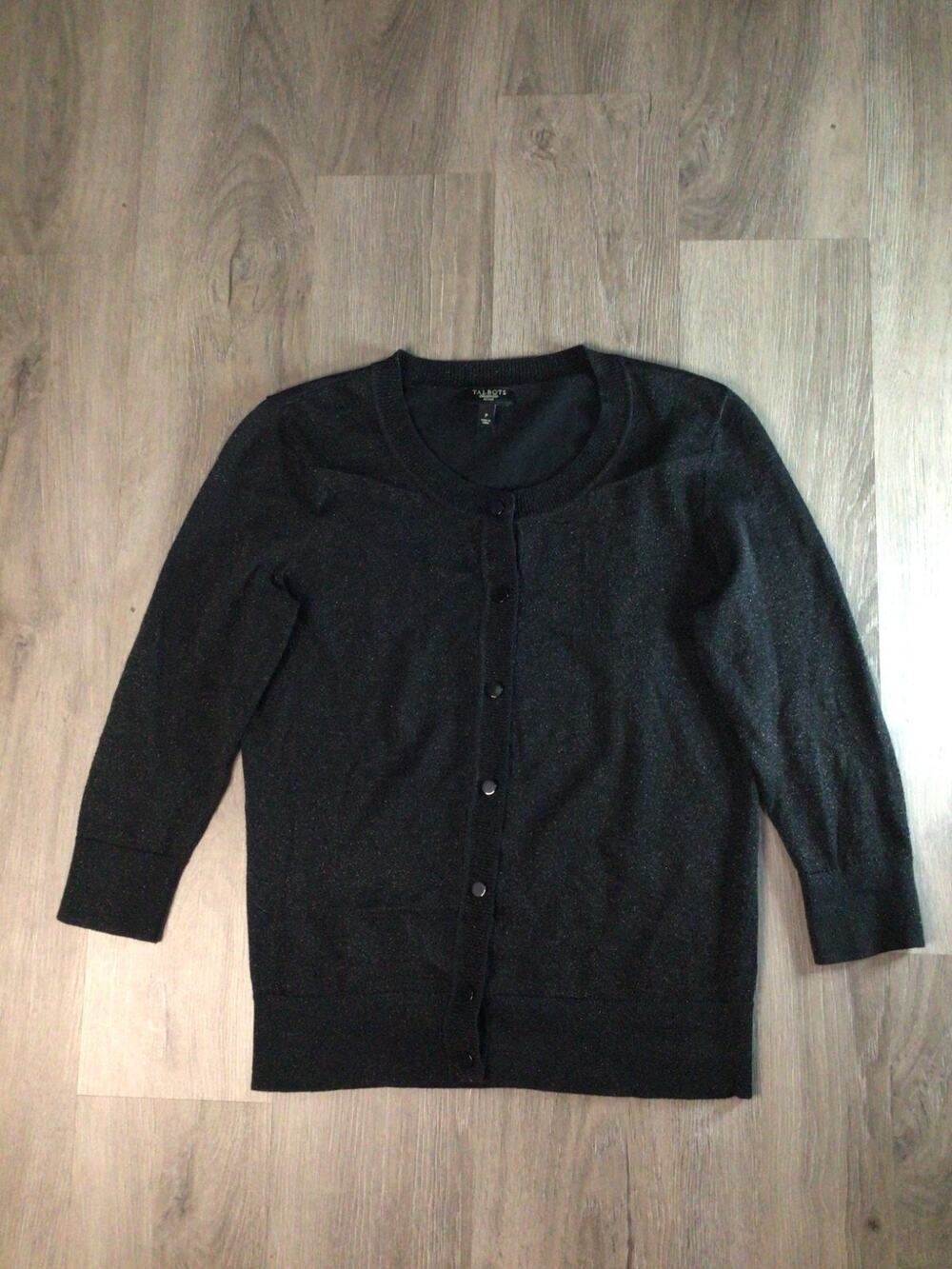 Talbots Cardigan Sweater Womens Petite P Black Metallic Shimmer Button Front